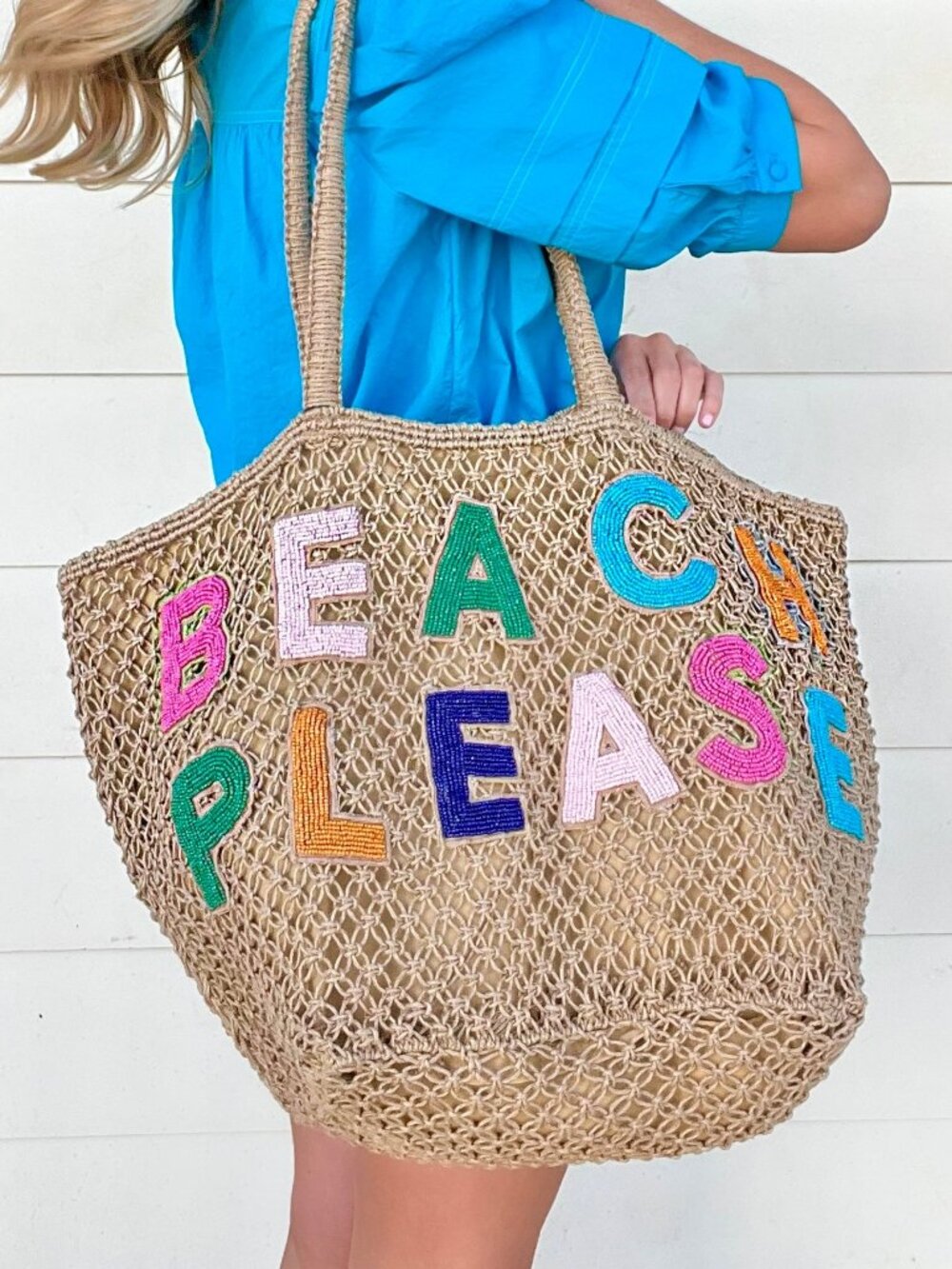 America & Beyond Beach Please XL Beaded Macrame Jute Boho Tote Beach Bag